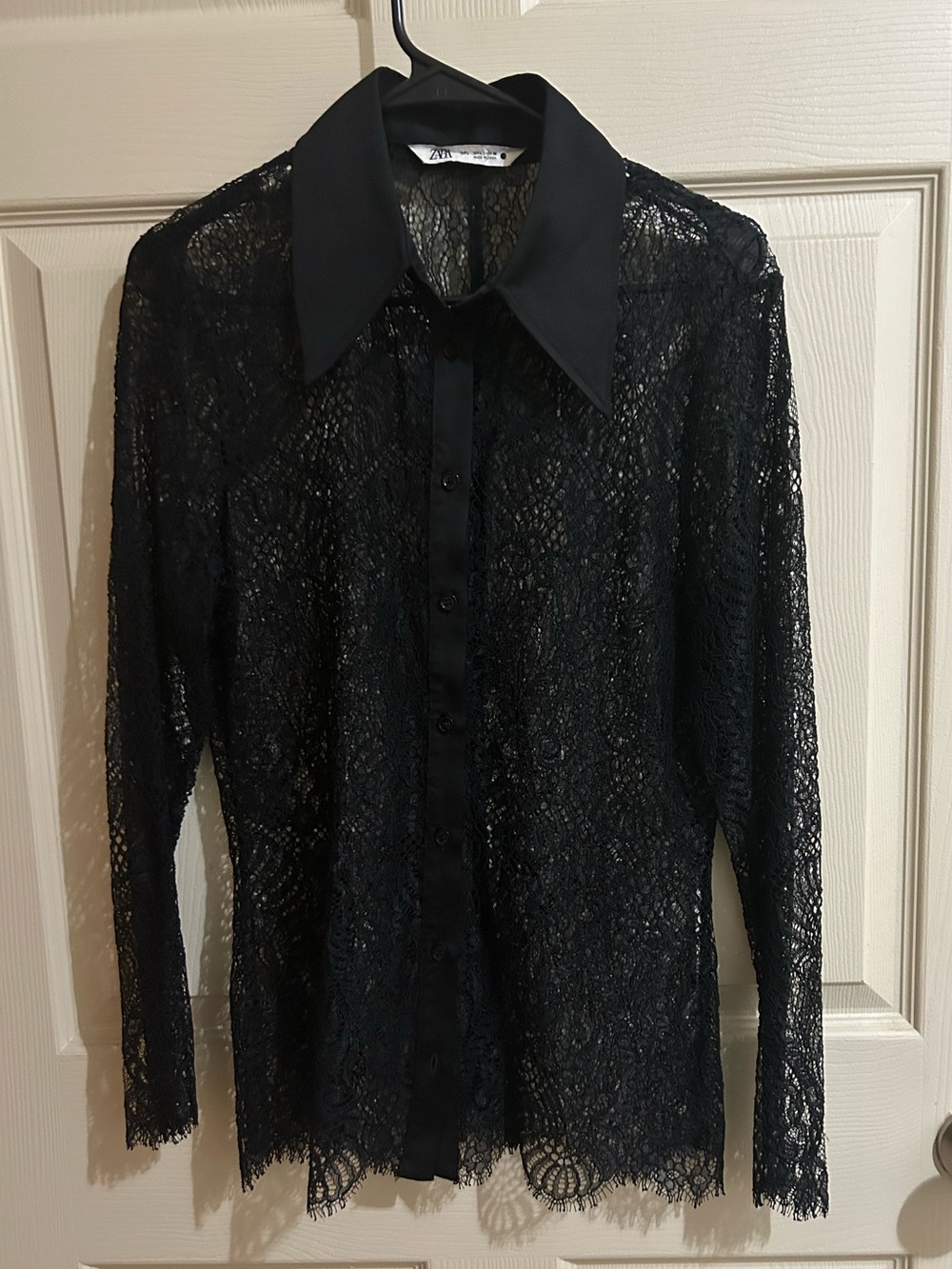 Zara Black Sheer Lace Button-Down Shirt Sz Large